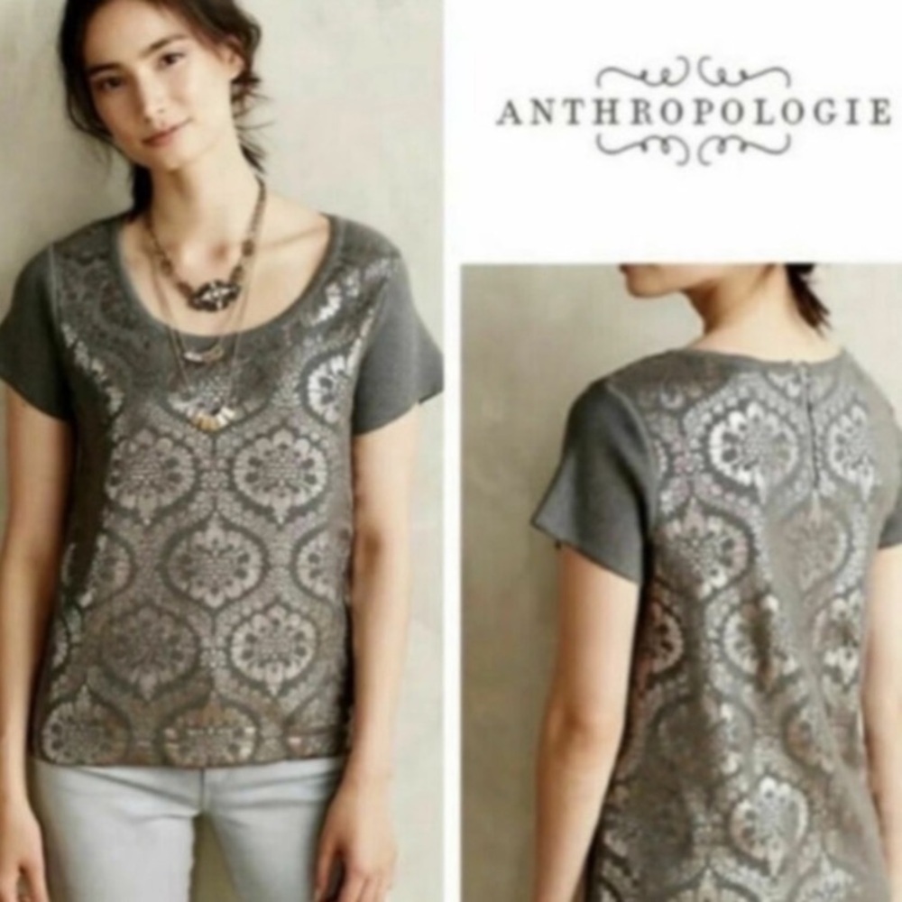 Anthropologie MOTH Drawing Room Gray and Metallic Silver Short Sleeve Top